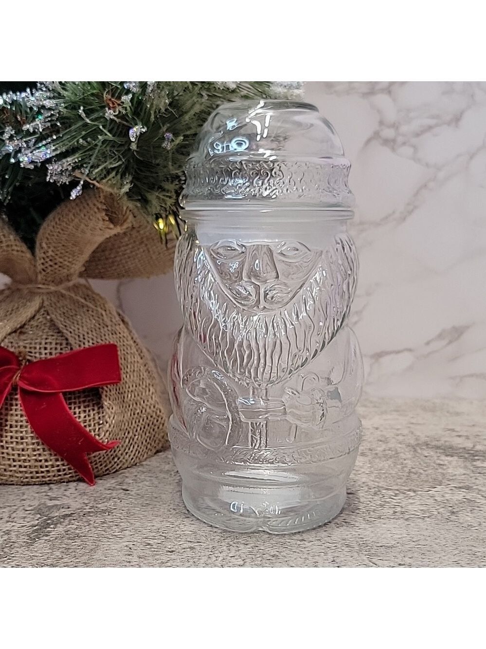 Vintage Libbey Clear Glass Christmas Santa Claus St. Nick Canister Candy Jar EUC